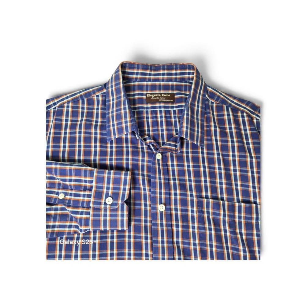 LZX Eleganza Uomo Bespoke Tailor Mens Blue  Plaid Long Sleeve Button Down  XL
